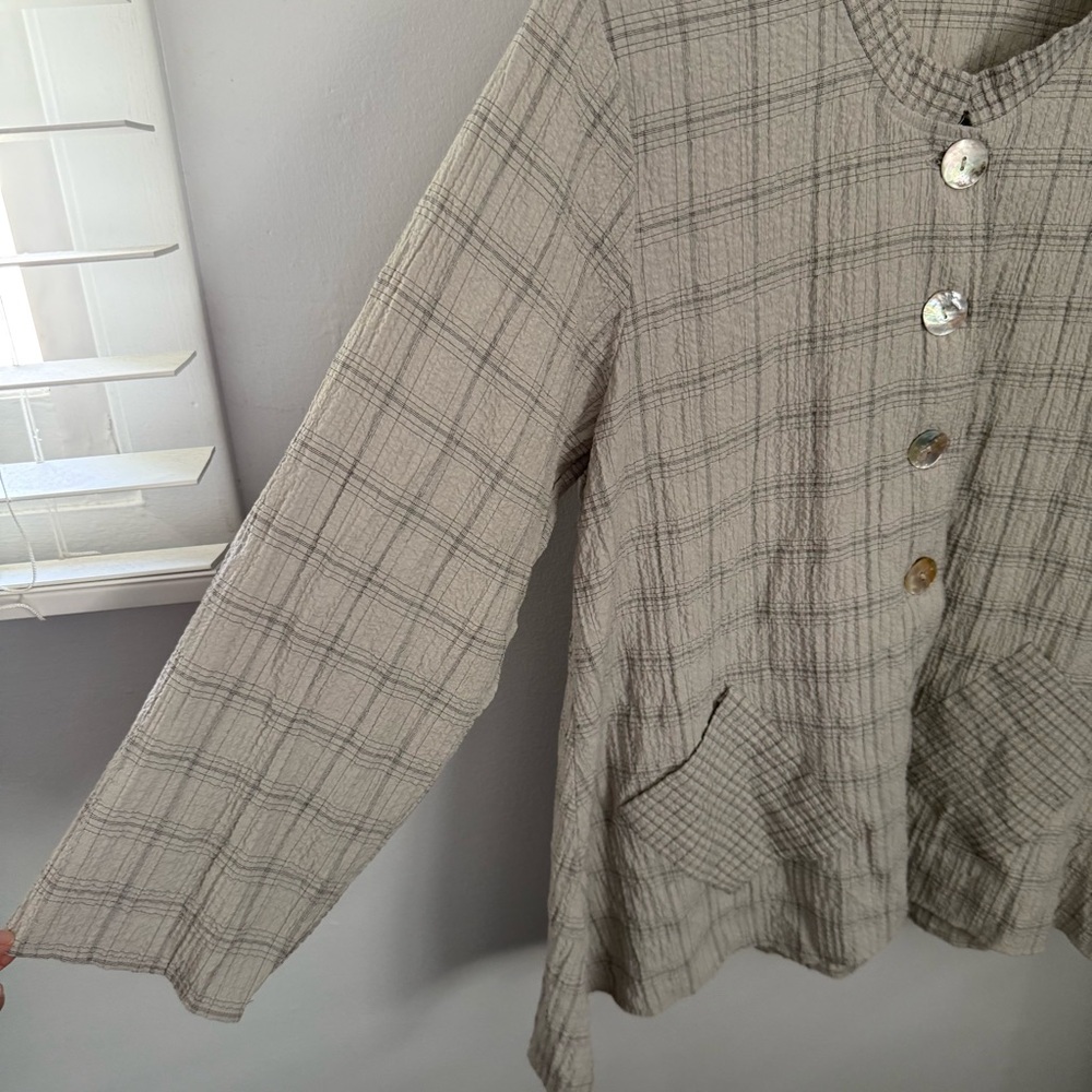 Habitat Medium Grey Plaid Button Up Shirt Plaid Lagenlook Relaxed Patch Pockets - Picture 2 of 9